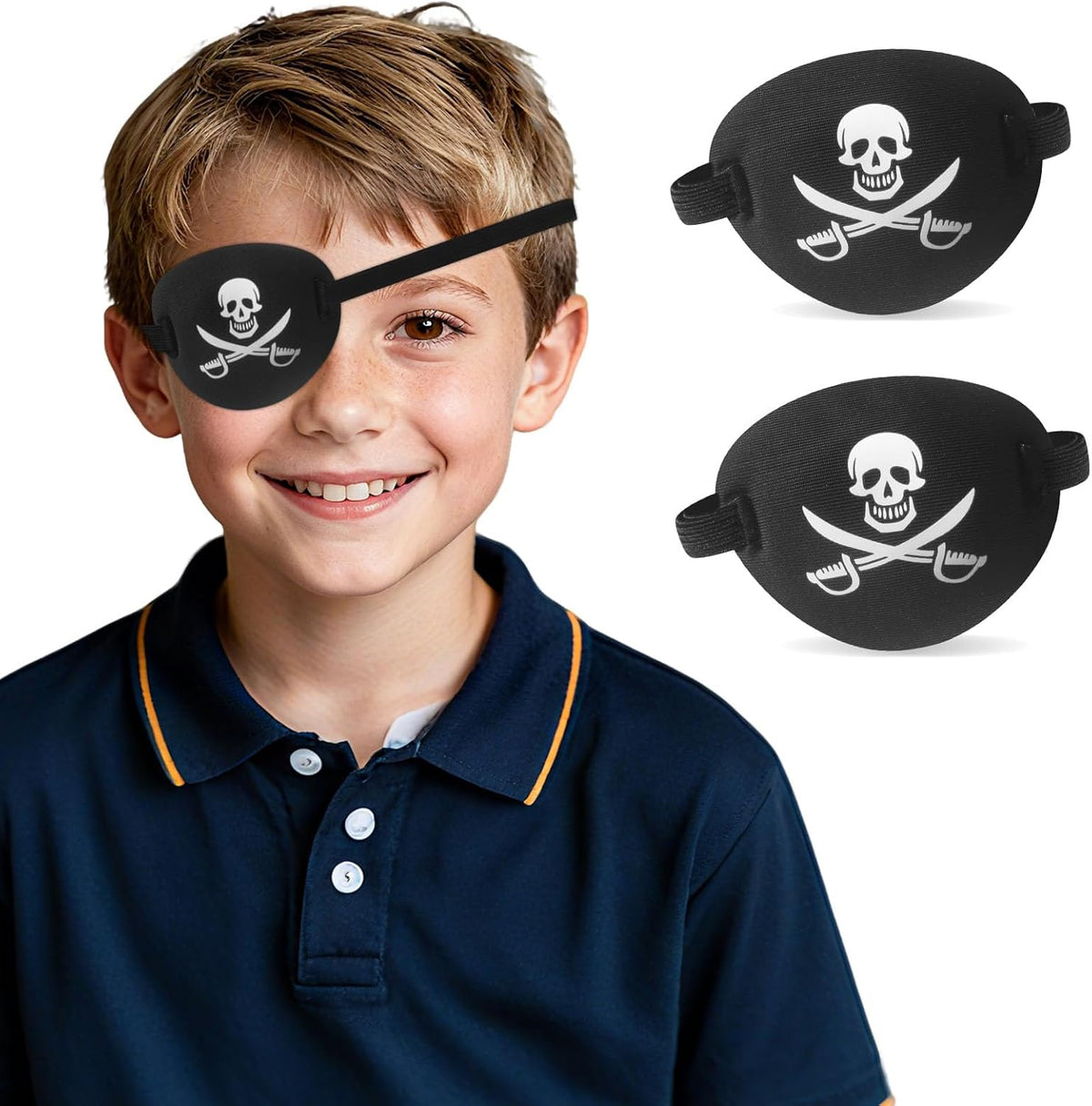 RIKEYO 3D Pirate Eye Patch for kids front view showing the white skull design on a contoured black base