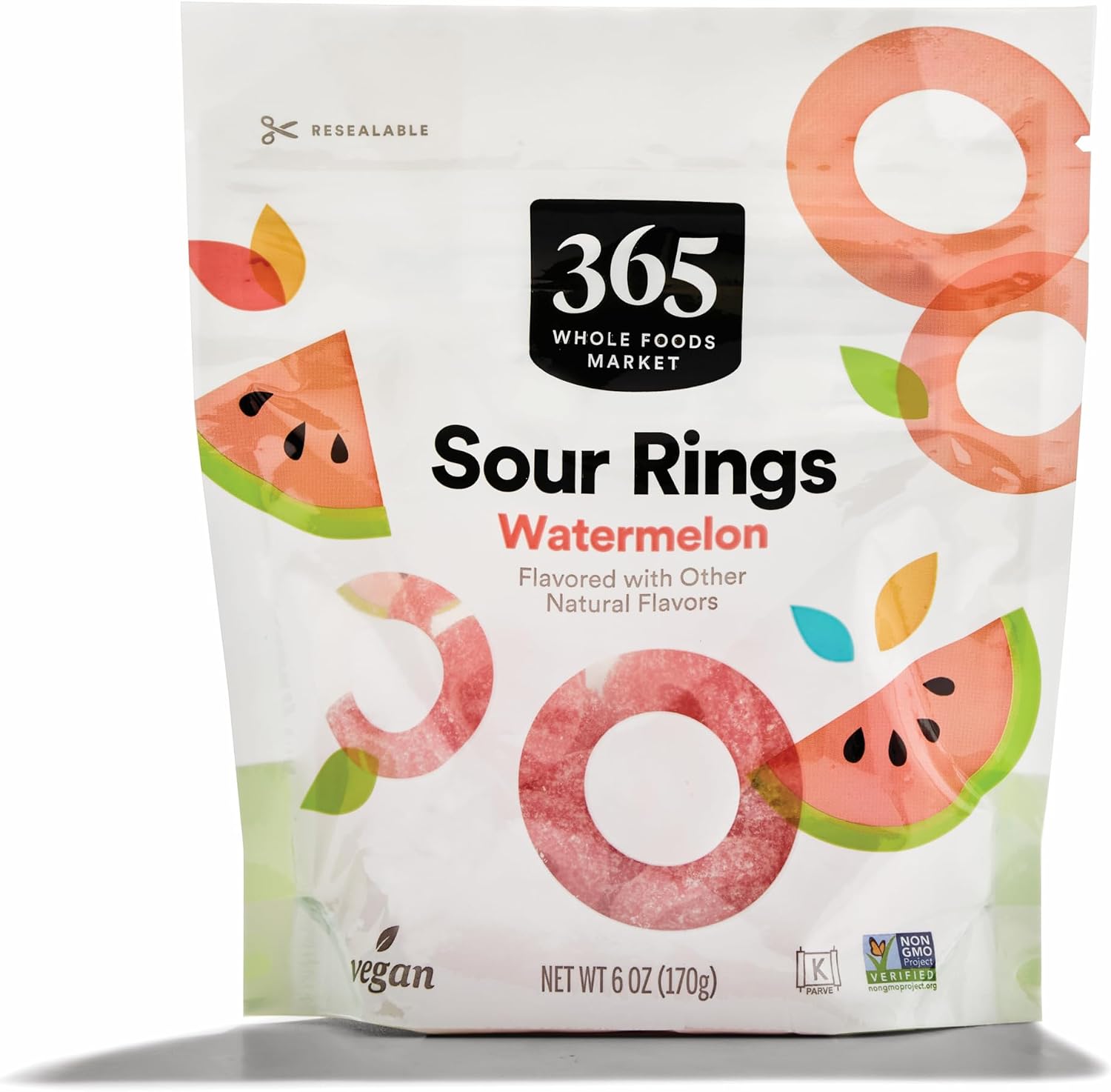 365 by Whole Foods Market Sour Gummy Watermelon Rings front view resealable pouch