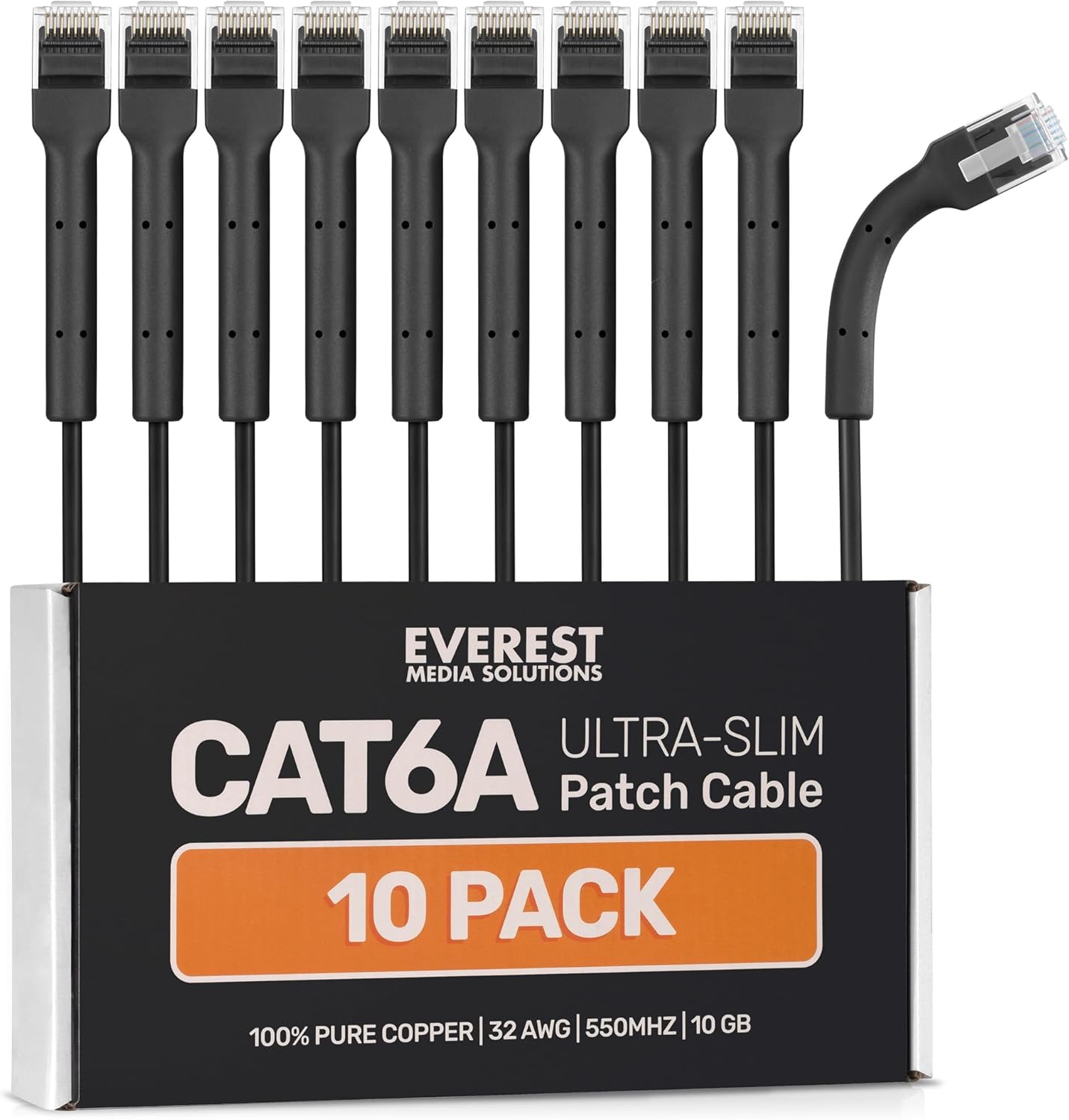 Everest Media Solutions ultra slim Cat6a ethernet patch cable front view highlighting thin three millimetre profile