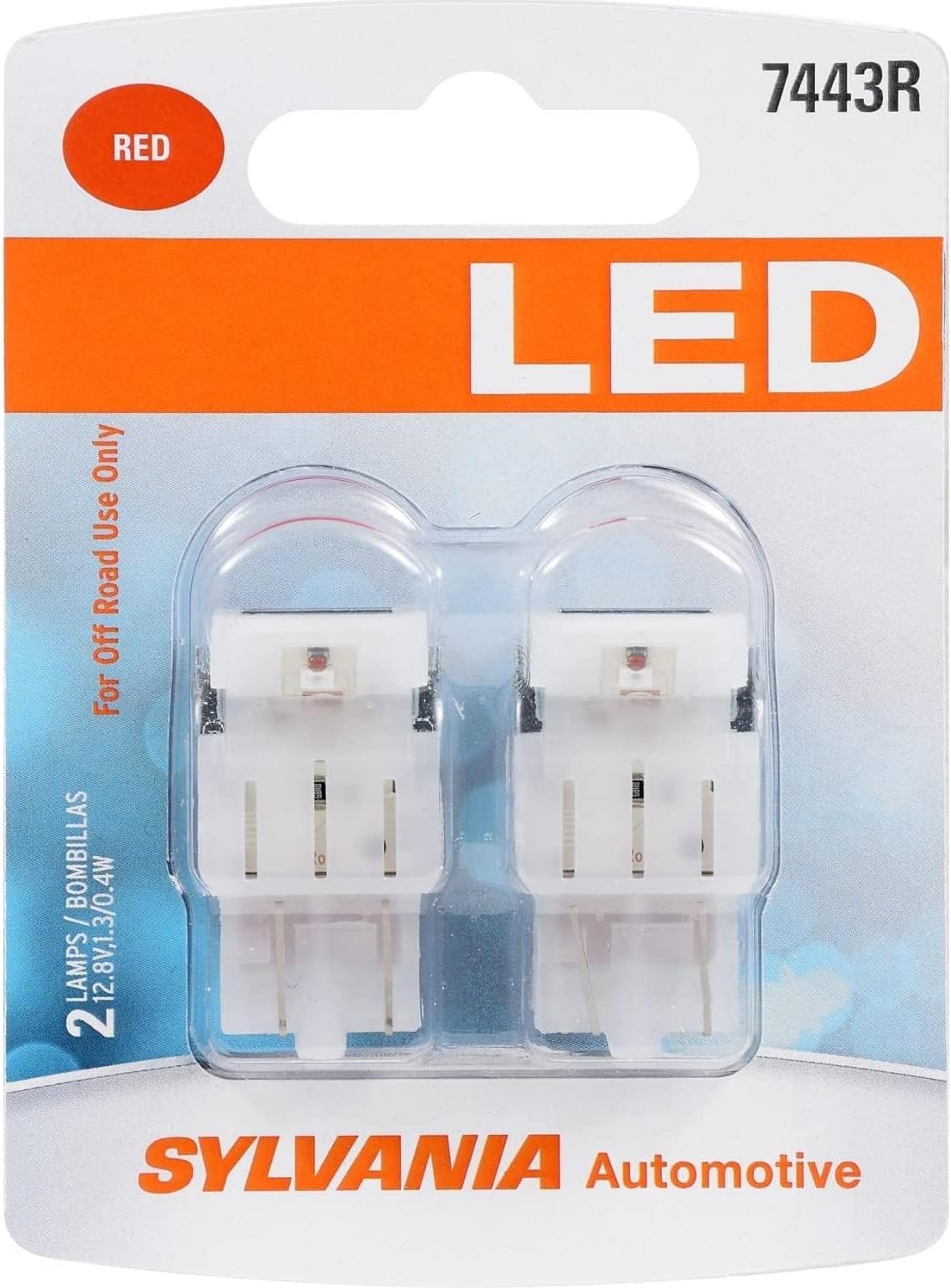 Sylvania 7443 T20 LED Red Mini Bulb packaging front view showcasing the two pack automotive replacement lights.