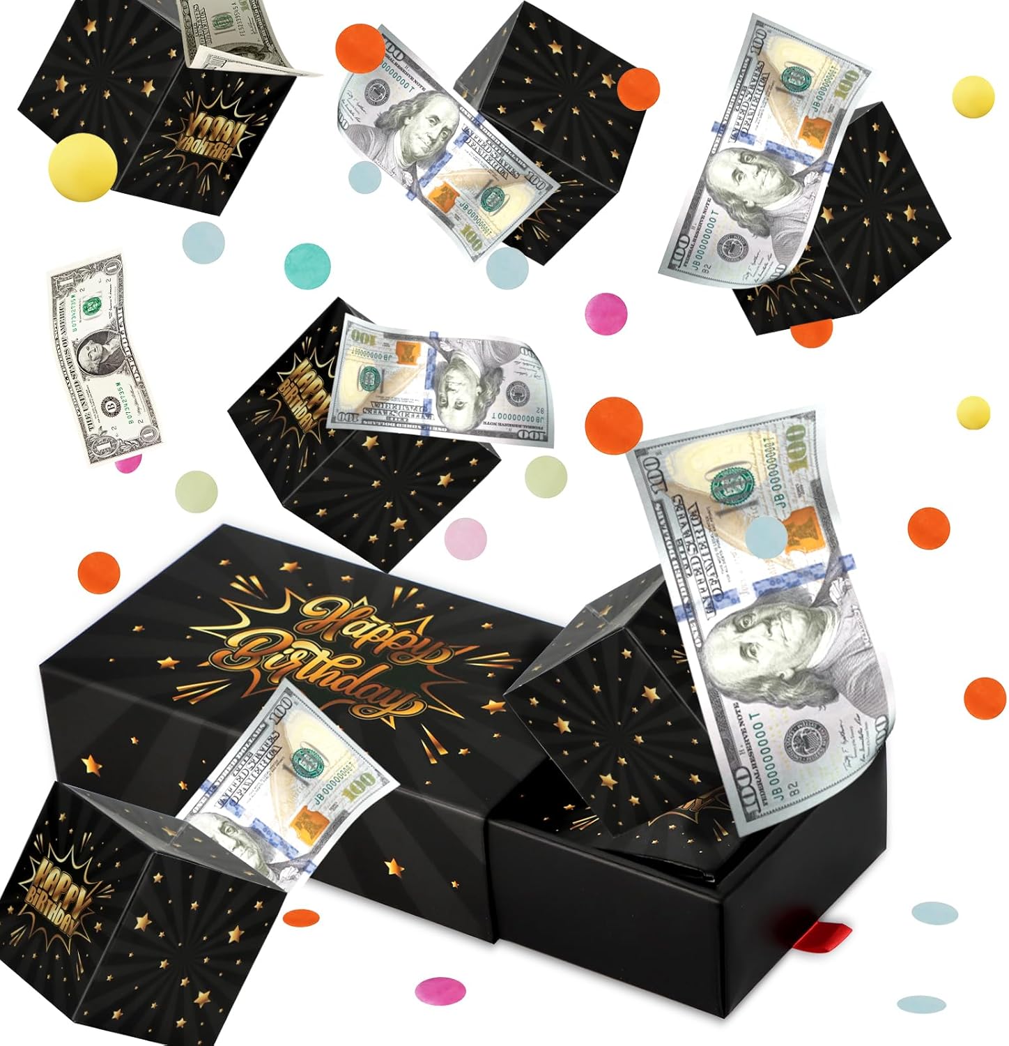 WenmthG surprise gift box explosion front view showcasing the black and gold birthday theme design.