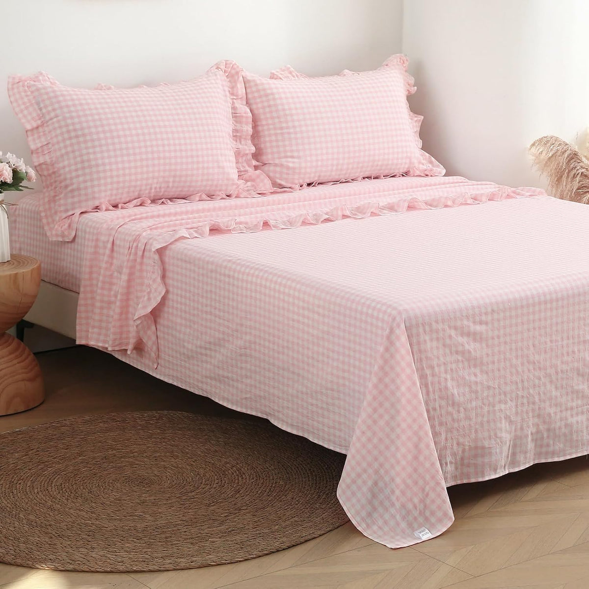 Sage Green White Gingham Ruffle Sheets Twin Size 4-Piece Set | 18" Deep Pocket, 100% Washed Cotton, Farmhouse Checkered Decorative Bedding Set with Pillow Shams - Image 14