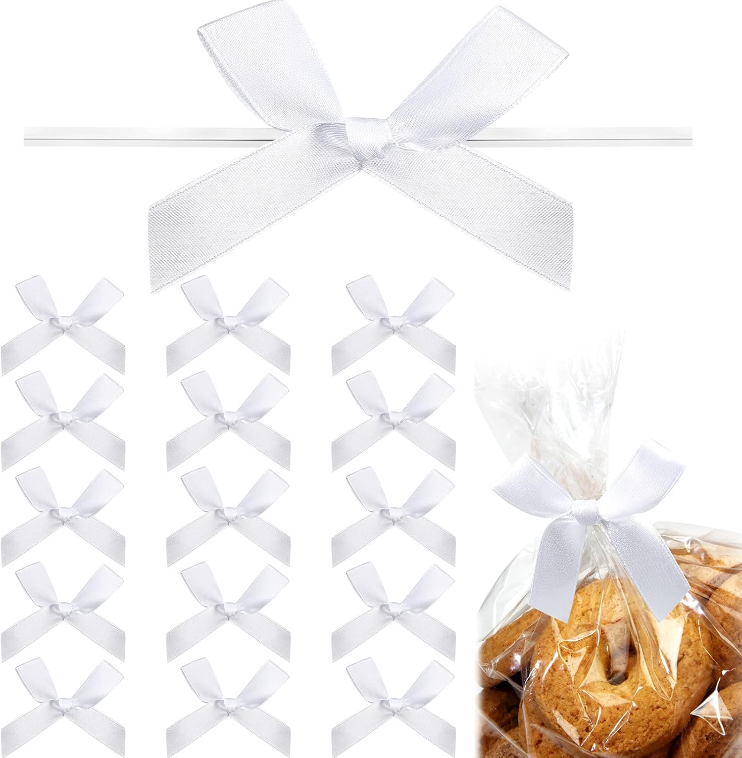 Gejoy white satin ribbon twist tie bows front view for gift packaging
