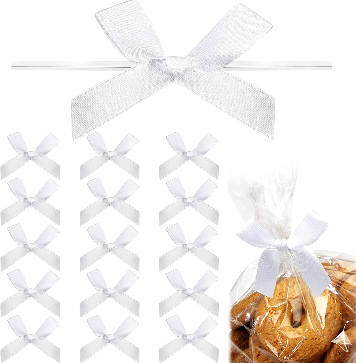 Gejoy white satin ribbon twist tie bows front view for gift packaging