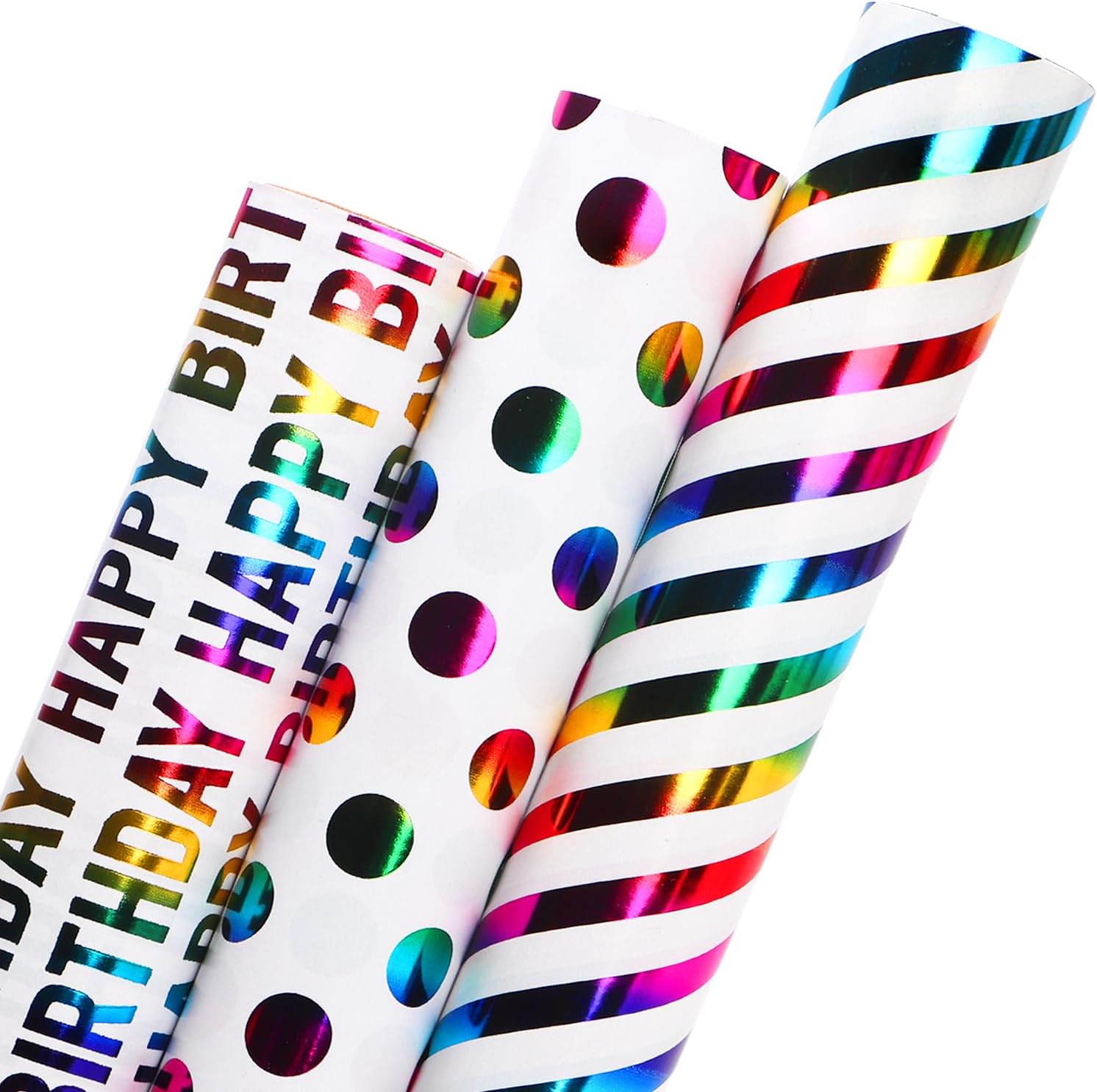 Ribbli iridescent birthday wrapping paper rolls front view showcasing three distinct colorful foil patterns.