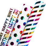 Ribbli iridescent birthday wrapping paper rolls front view showcasing three distinct colorful foil patterns.