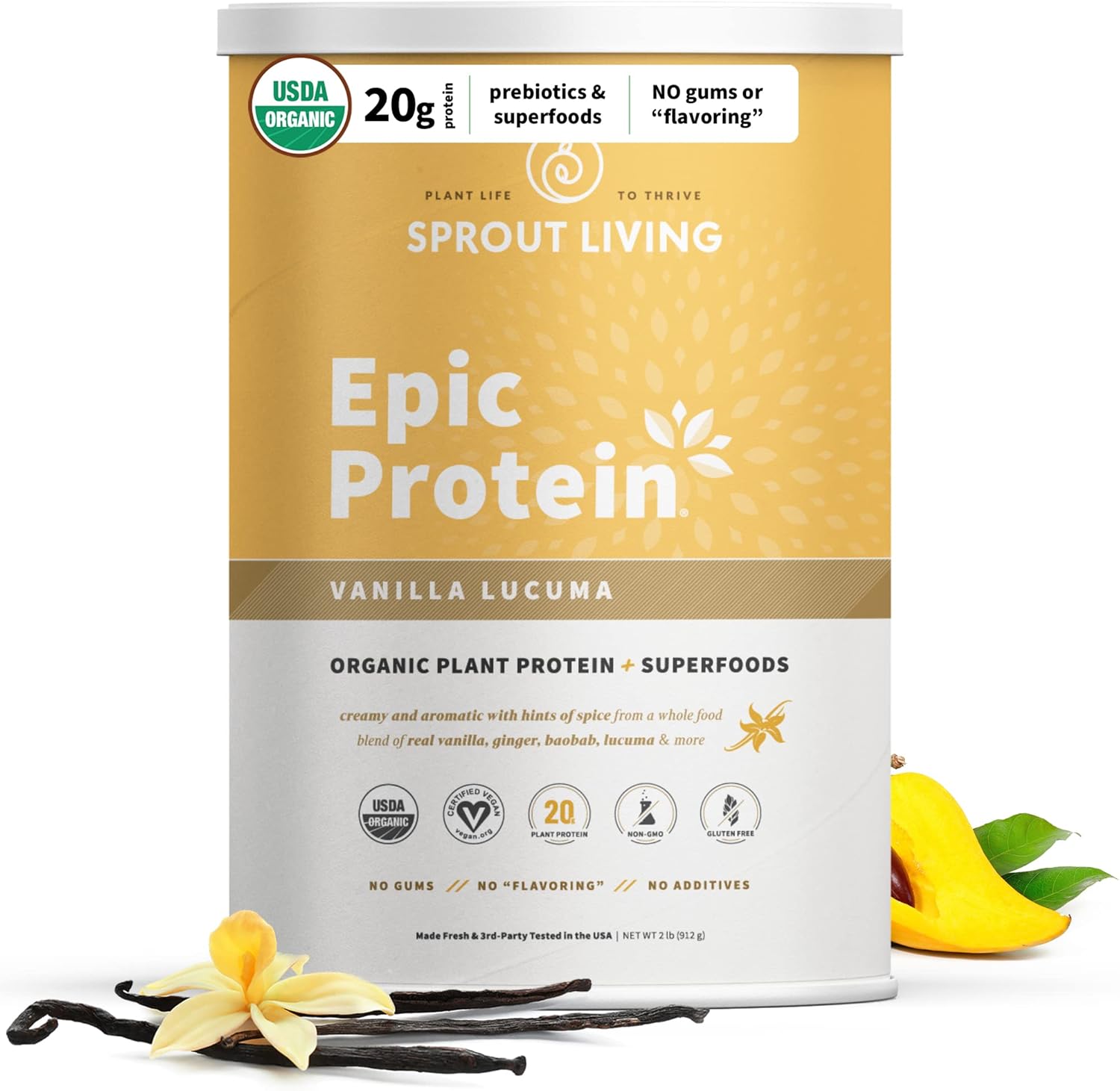 Sprout Living Epic Protein Vanilla Lucuma 2 Pound front view showing organic vegan certification labels