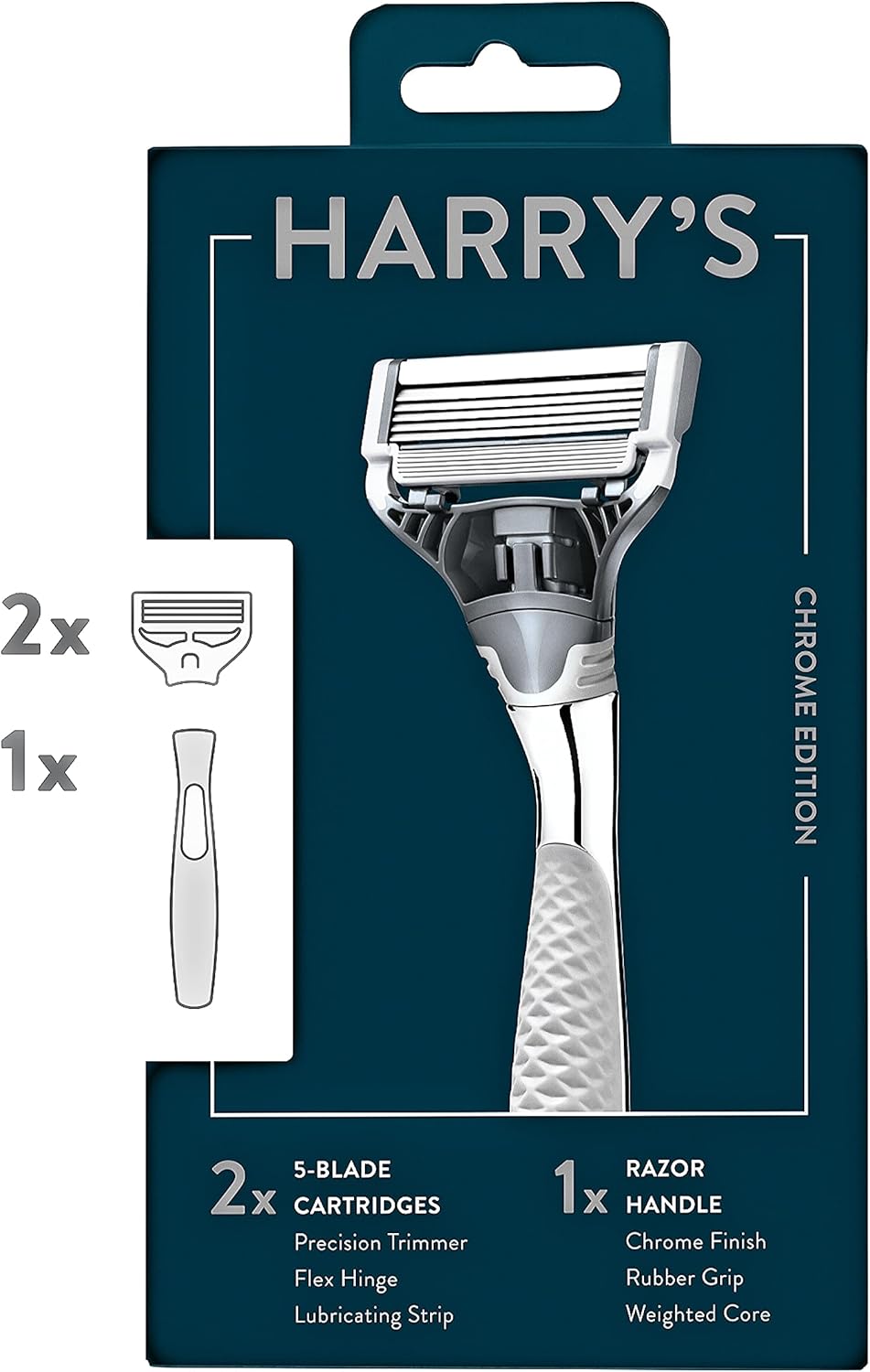 Harry's 5-Blade Men's Razor Chrome Edition front view showing weighted handle and blade refill
