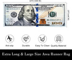 Close up view of the Benjamin Franklin portrait and crisp currency detail on the rug