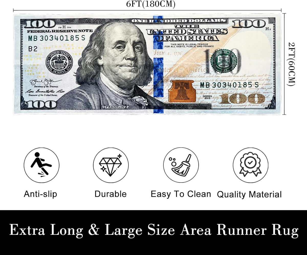 Close up view of the Benjamin Franklin portrait and crisp currency detail on the rug