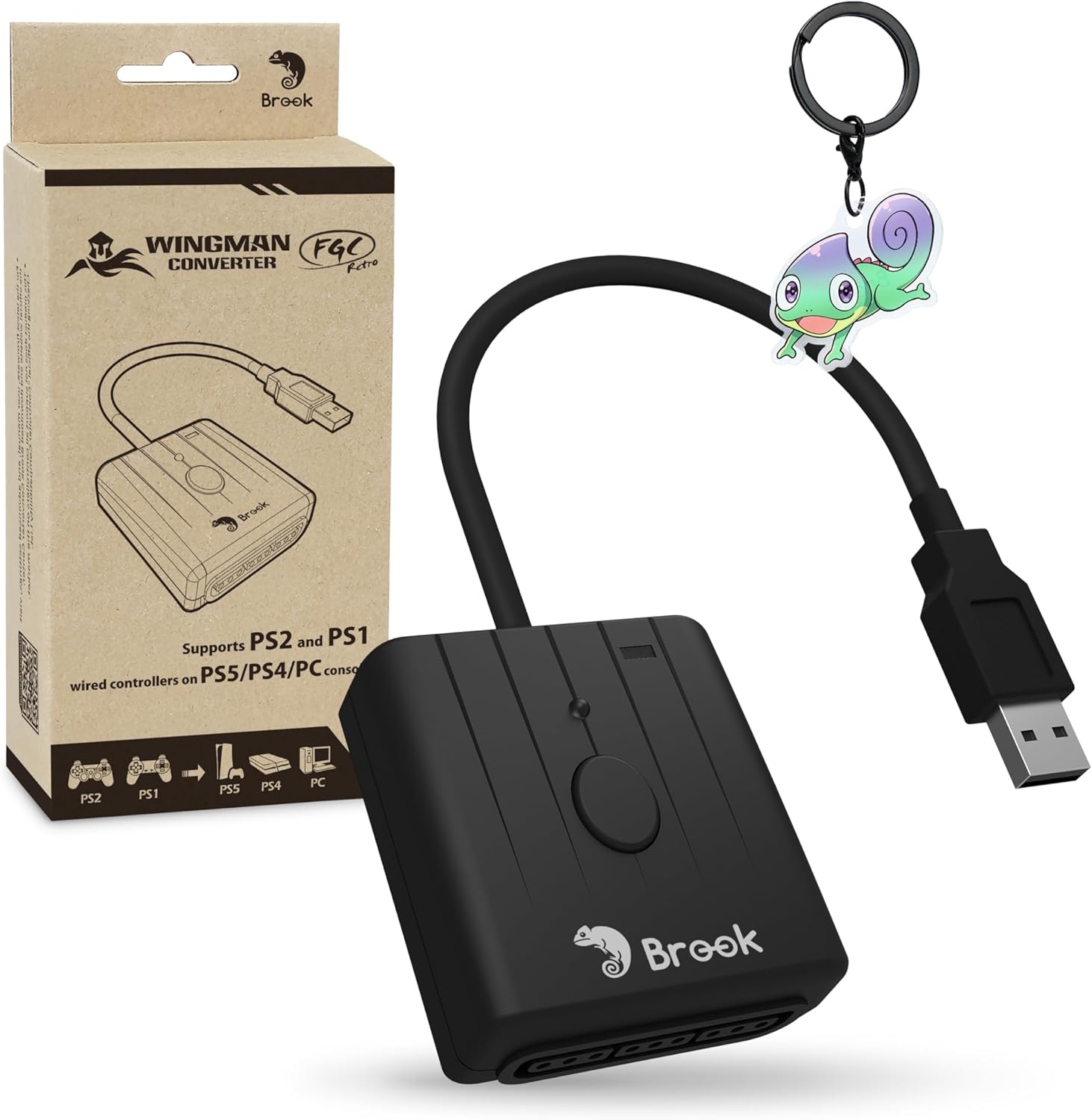 Brook Wingman FGC Retro controller adapter front view showcasing compact black design