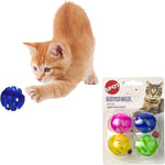 Spot Ethical Slotted Balls Cat Toy 4 Pack front view of packaging showcasing multi colored interactive toys.
