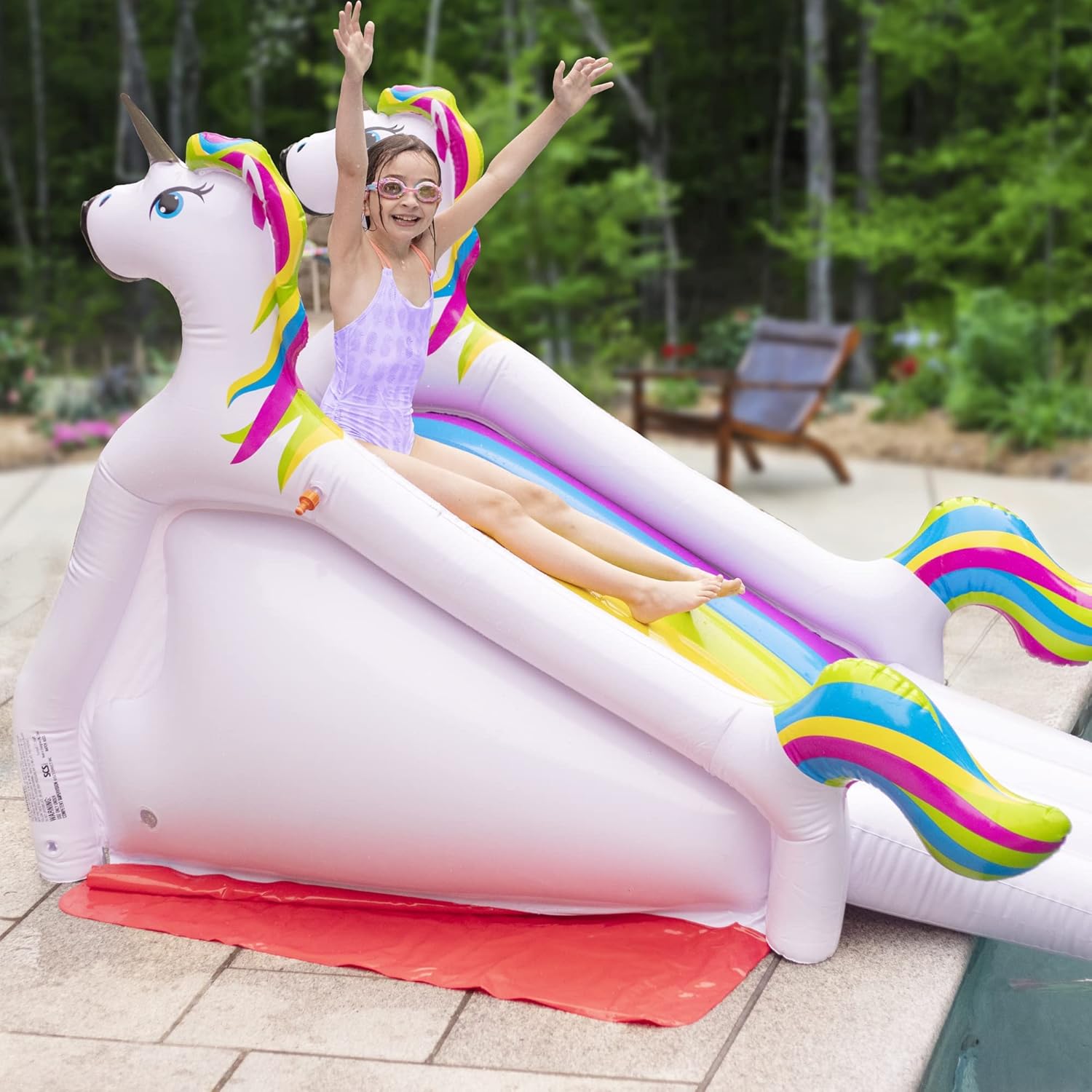 SCS Direct Giant Inflatable Unicorn Pool Slide front view with sprinklers.