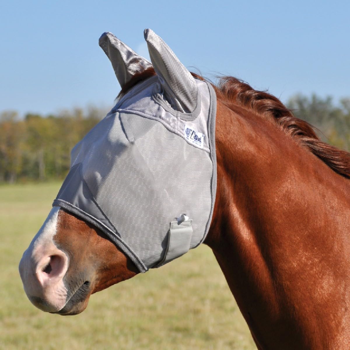 Cashel Crusader fly mask long nose with ears front view grey
