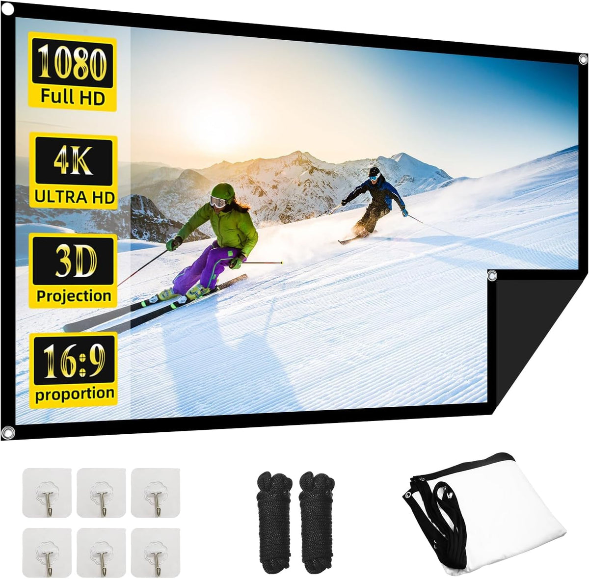 OKEDUO 60 inch projector screen front view displaying a vibrant 4K movie image
