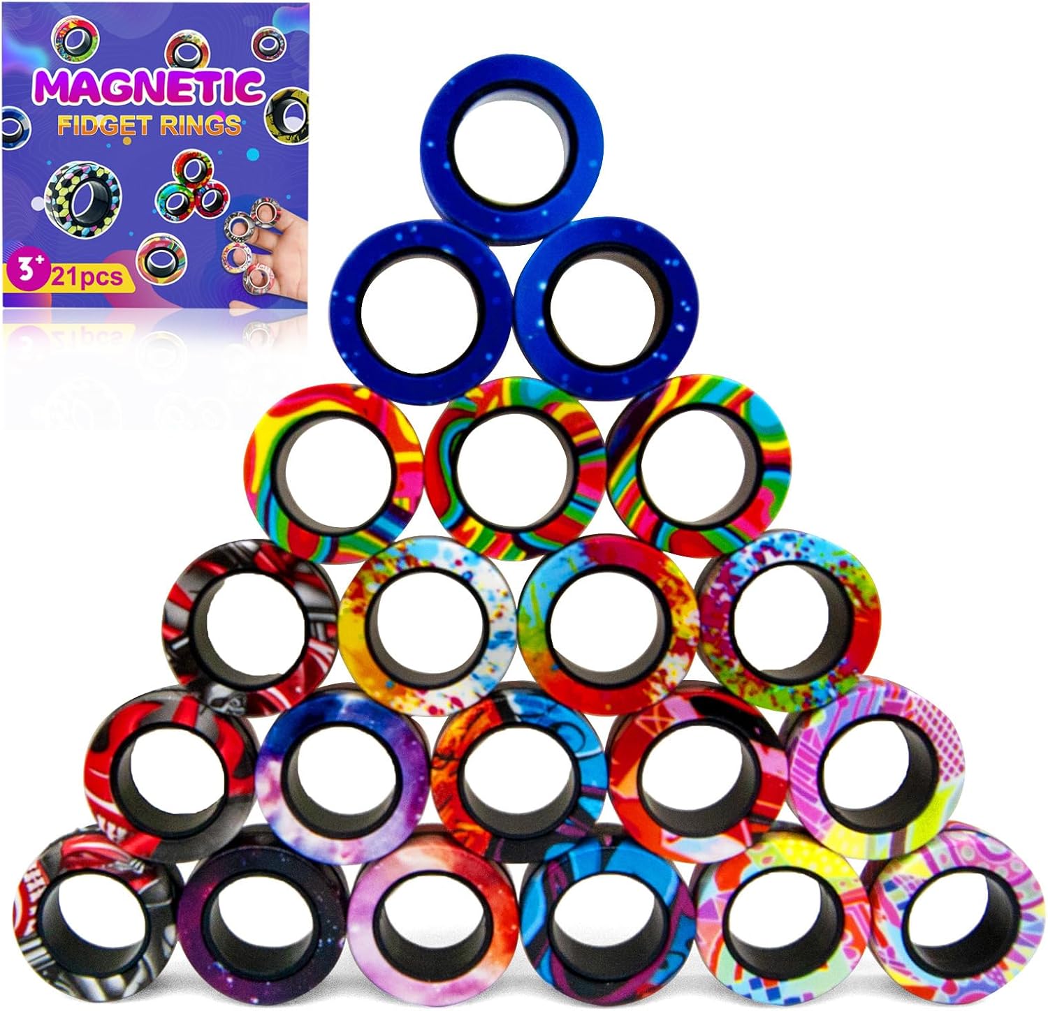 Finger Rock magnetic rings fidget toys set front view featuring multicolored plastic circles.