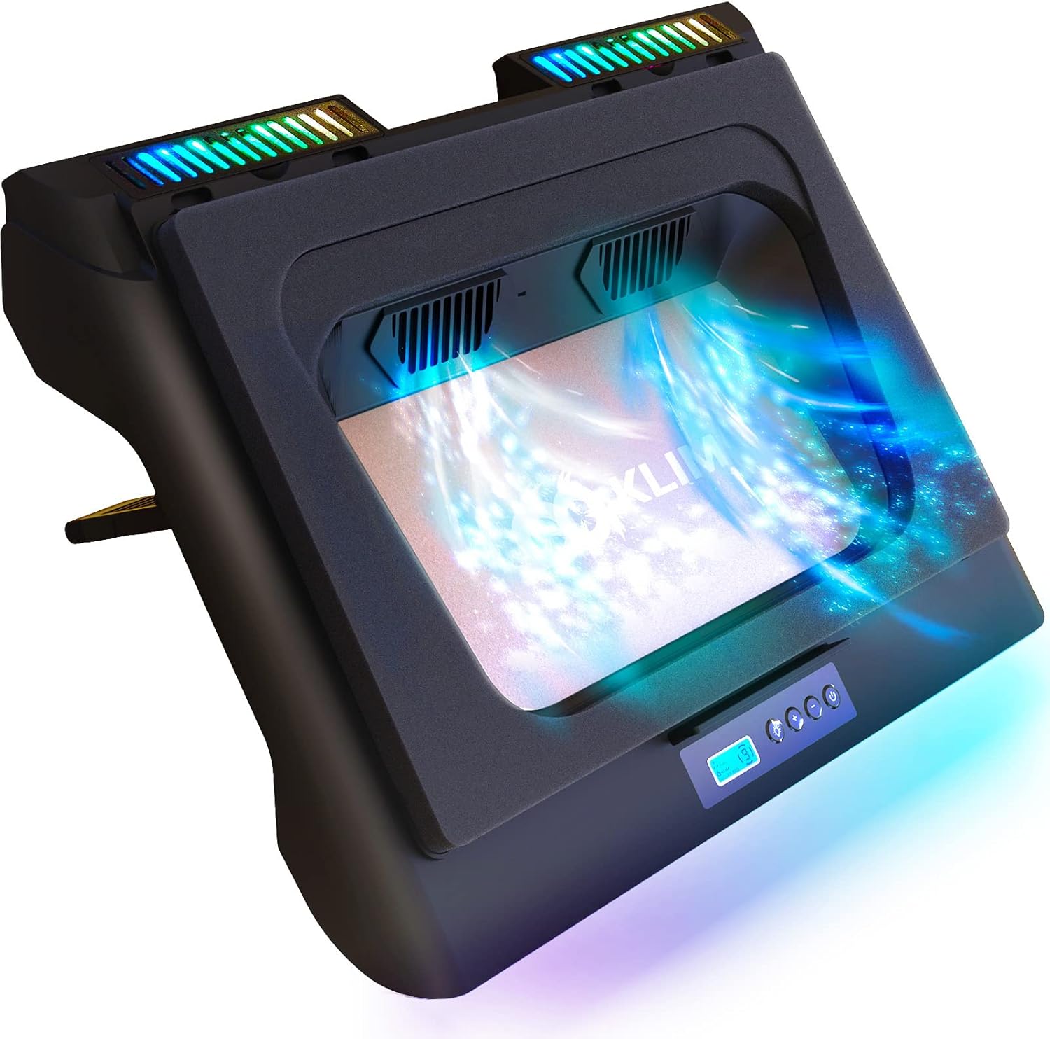 KLIM Everest laptop cooling pad front view highlighting the dual turbo fan setup and RGB lighting strips.