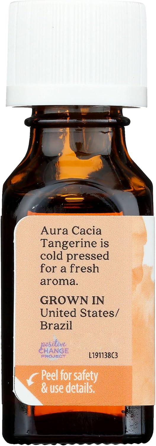 Aura Cacia tangerine essential oil size reference next to packaging box