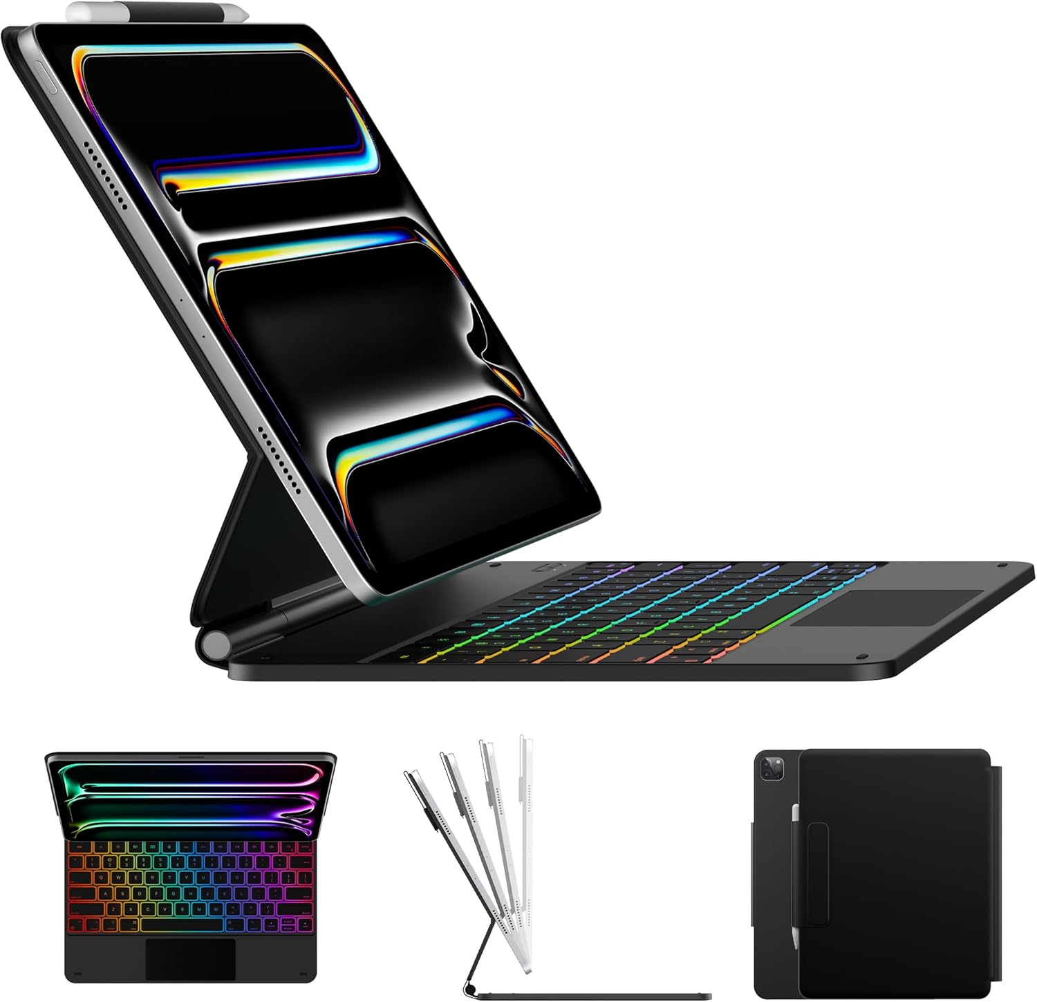 Typecase iPad Pro 13-inch M4 keyboard case front view showing black finish and floating stand