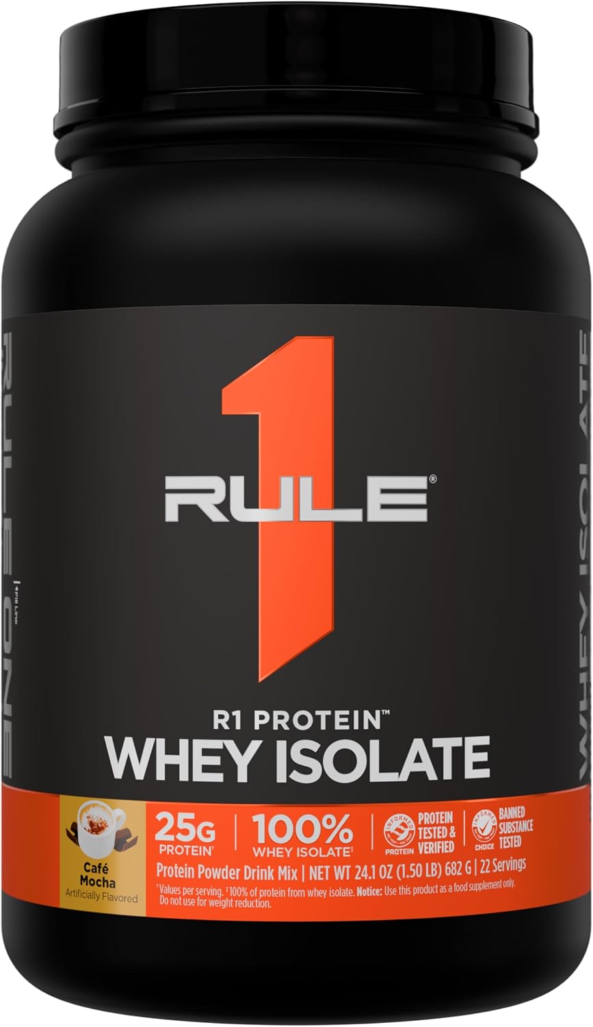 Rule 1 proteins whey isolate cafe mocha front view nutritional supplement