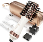 Hair Trends travel blow dryer brush front view showing white and rose gold dual voltage hot air styler
