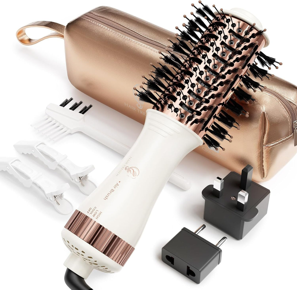 Hair Trends travel blow dryer brush front view showing white and rose gold dual voltage hot air styler