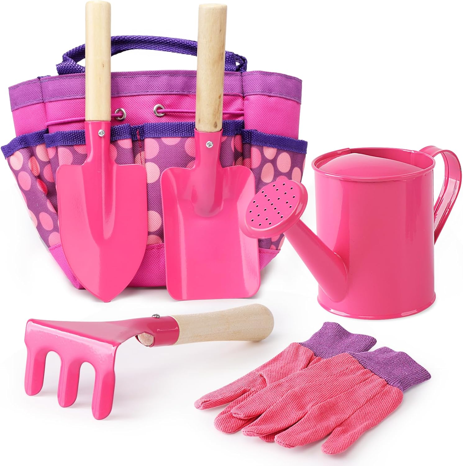 Fuzzy Pixie Kids Gardening Tools Set front view showing the pink canvas tote bag and real metal hand tools.