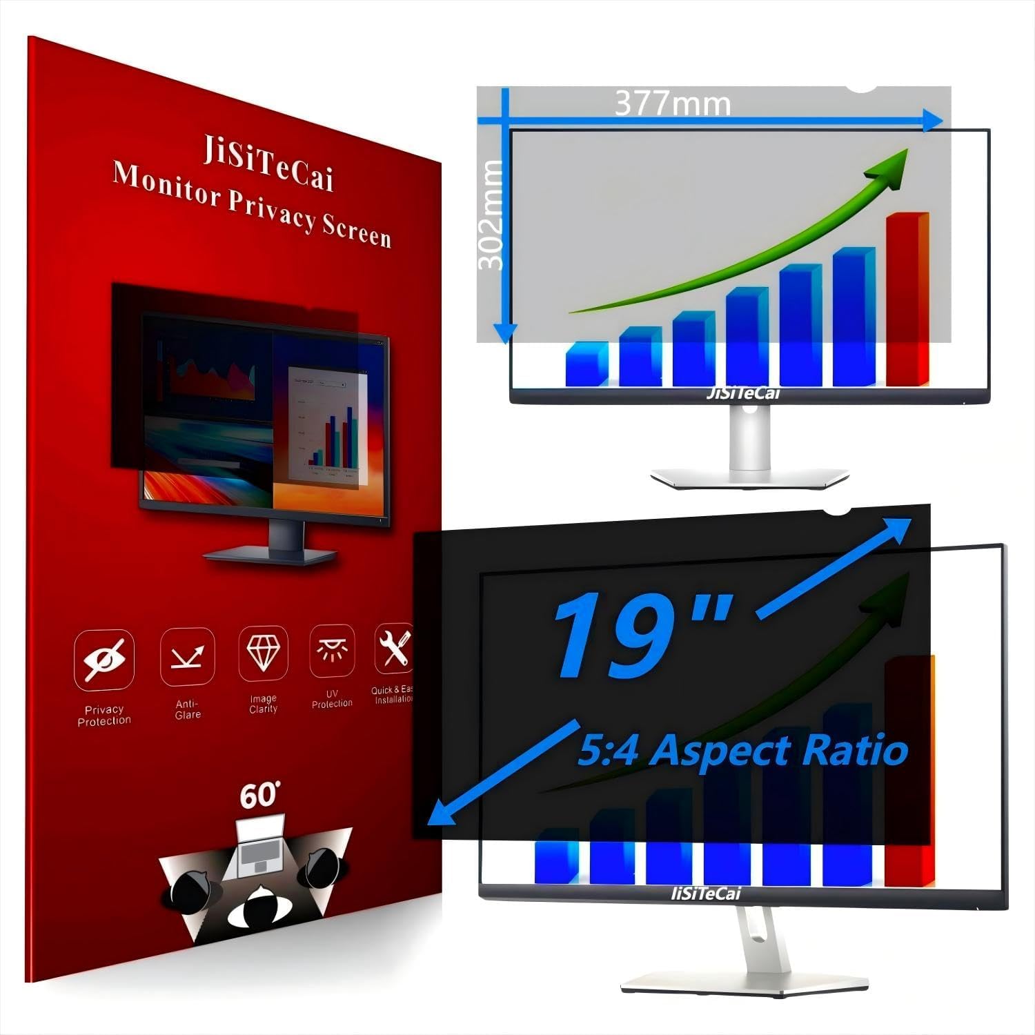 JiSiTeCai 19 Inch Computer Privacy Screen Filter front view on a desktop monitor showing 60-degree blackout effect.