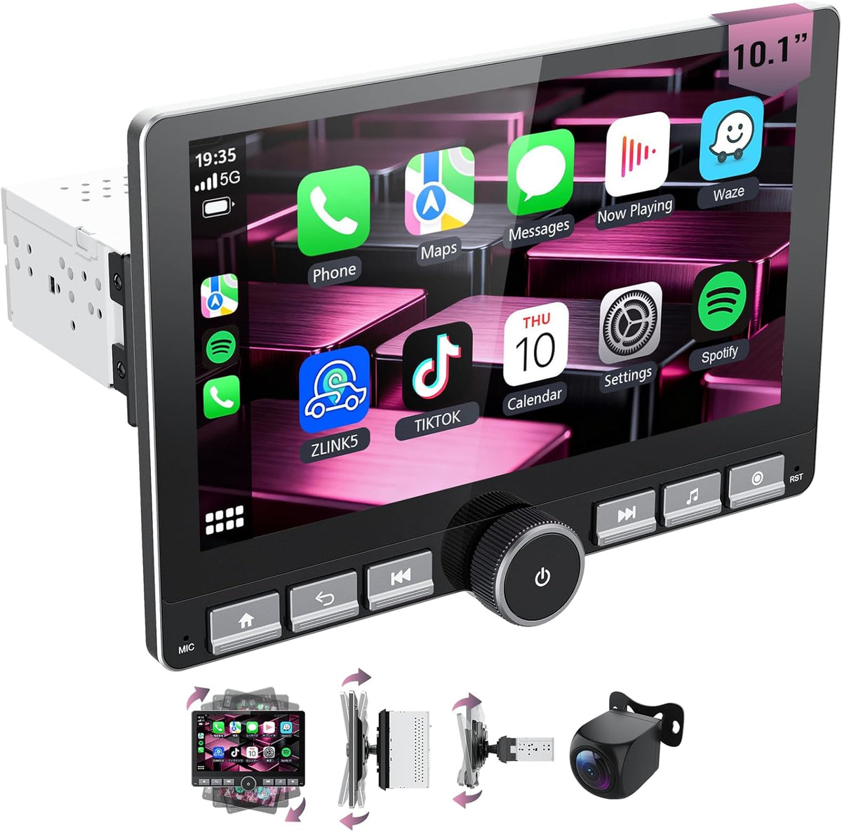 Haudio rotatable touchscreen car stereo front view showing wireless Apple CarPlay interface on dashboard.