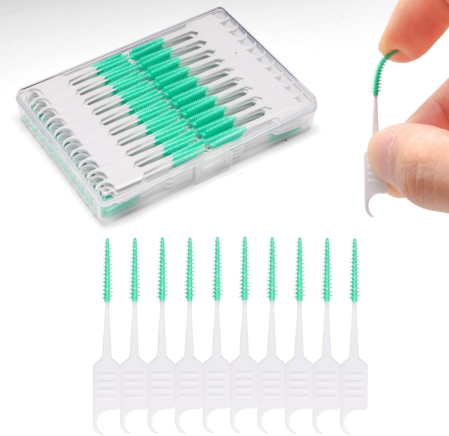 200PCS Dental Floss Picks,Dual-Use Interdental Brushes,Soft Silicone Brush Head Toothpicks, Tooth Picks Flossers for Teeth Braces Cleaning (200PCS Green) - Image 1