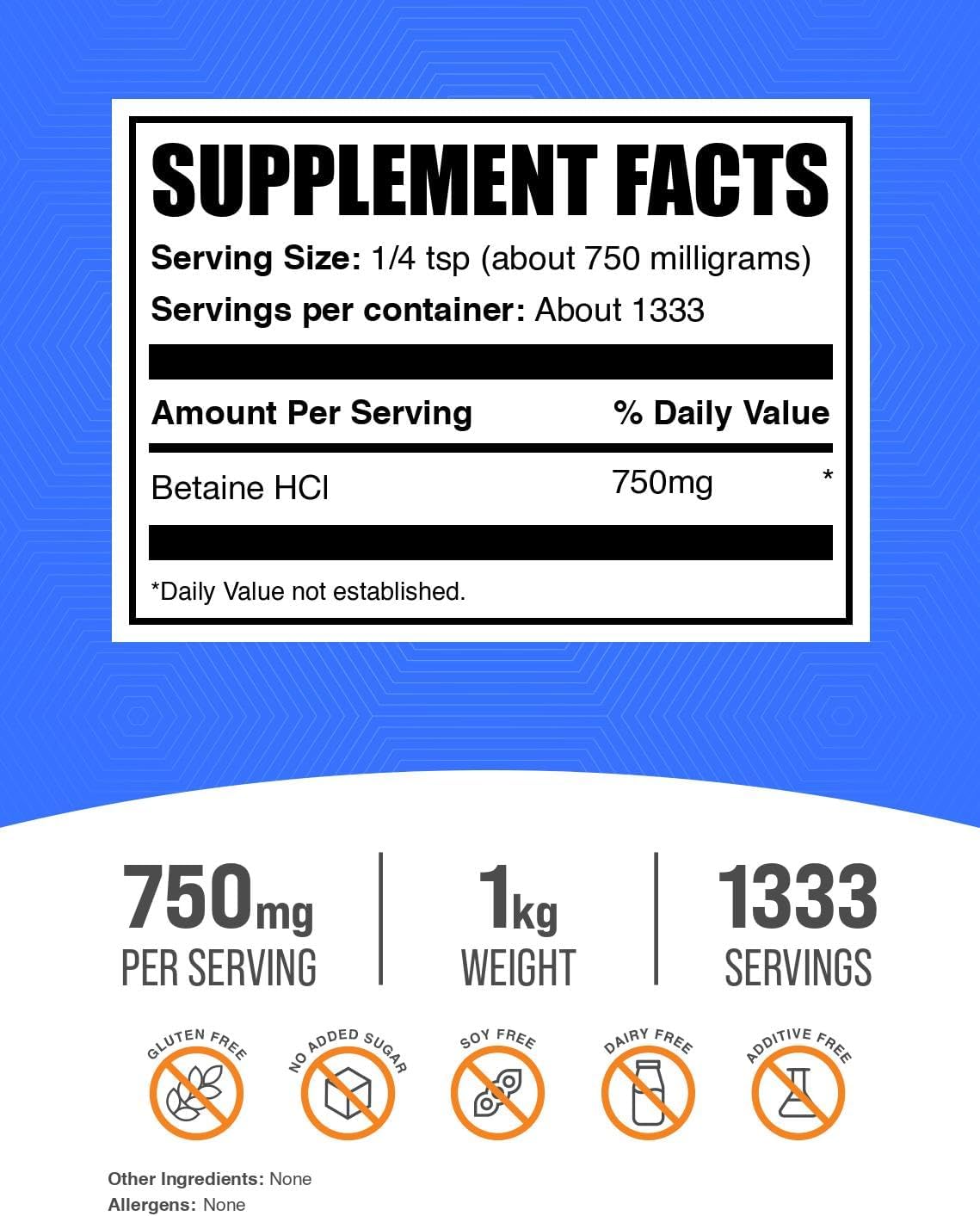 BulkSupplements 1kg Betaine Hydrochloride label details