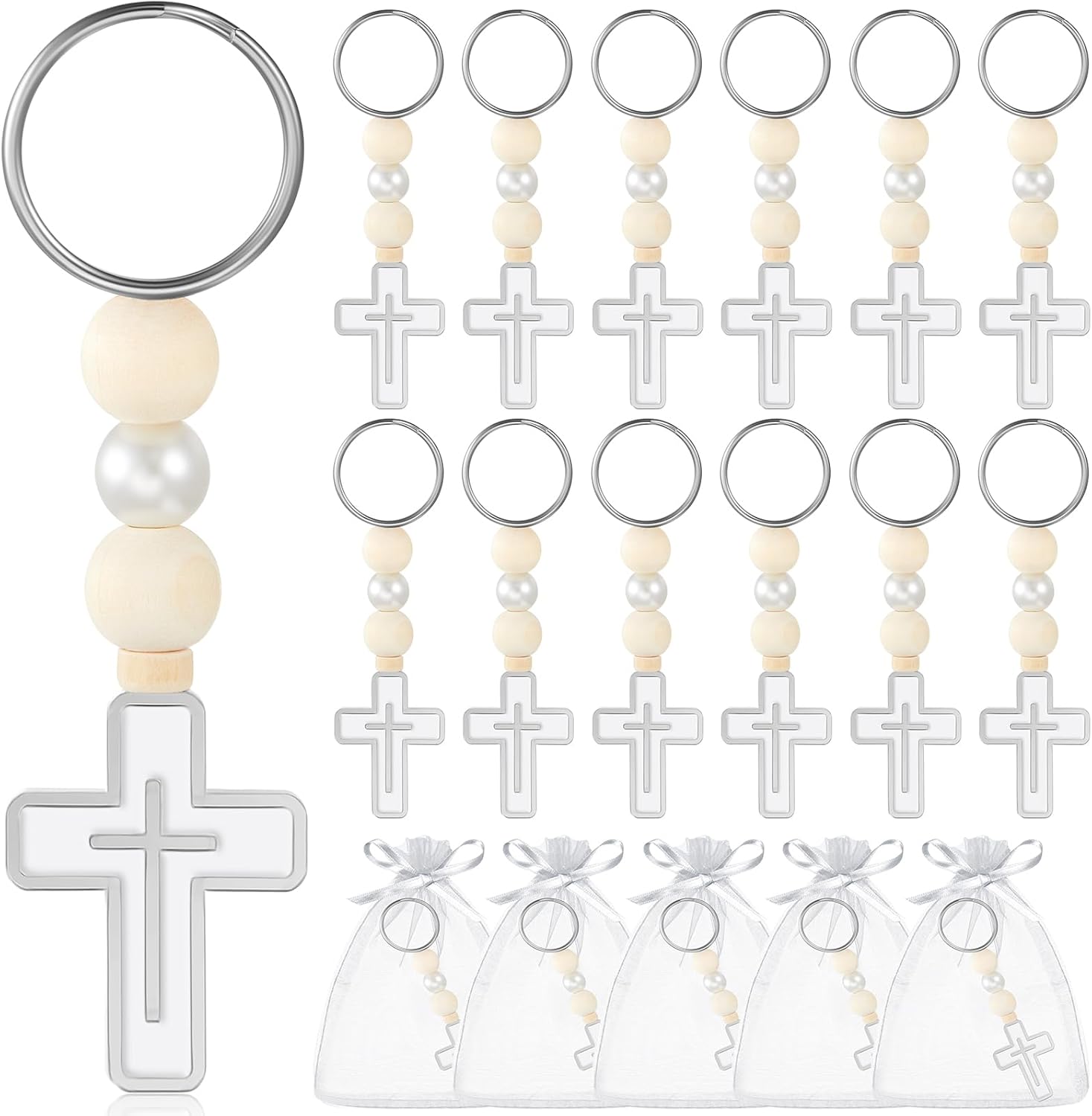 Quelay 24 sets first holy communion favors front view showing silver rosary keychains and white organza bags.