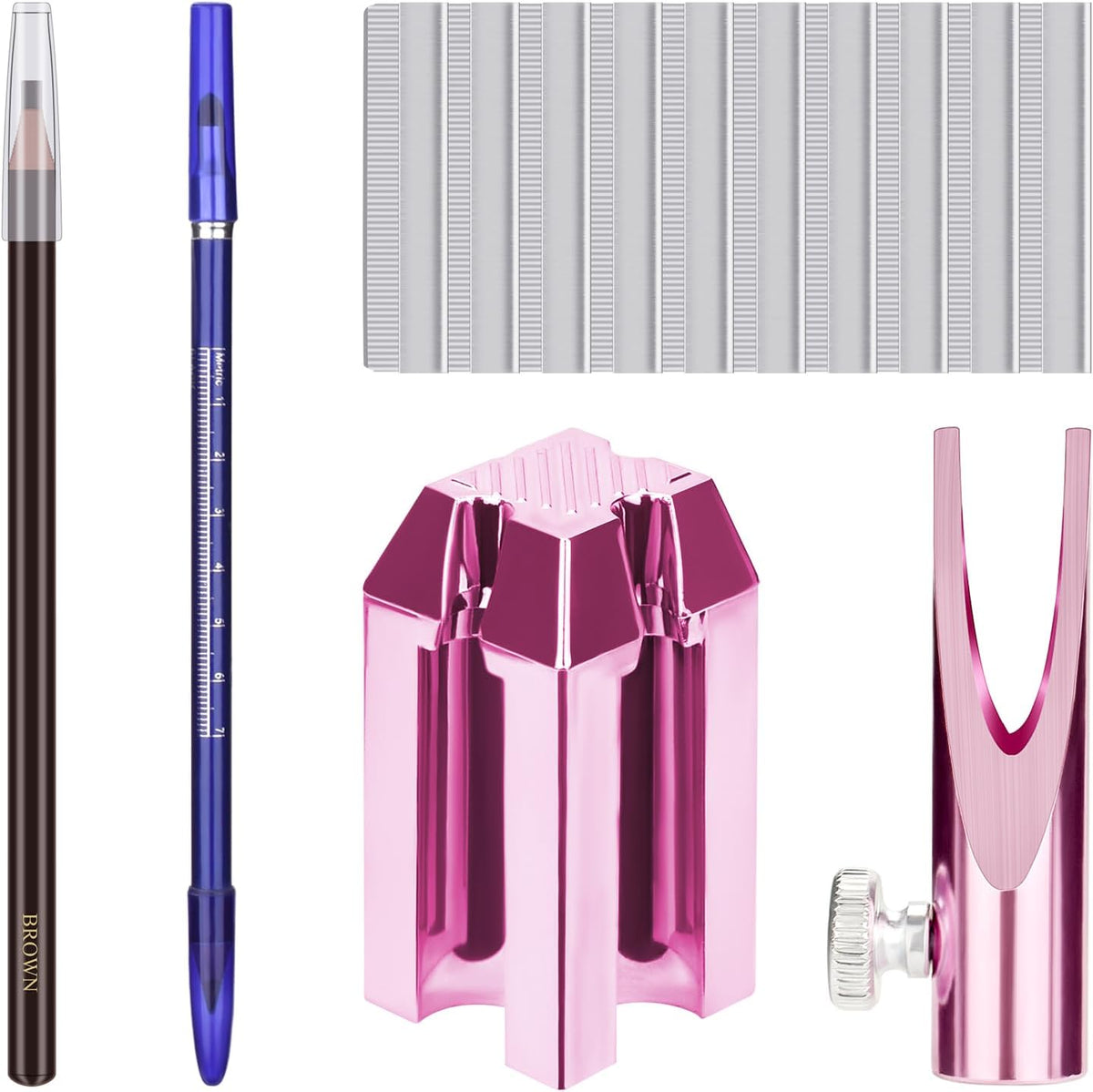 ATOMUS Eyebrow Makeup Sharpener Set front view showcasing the dual-size sharpeners, pencils, and trimmers.