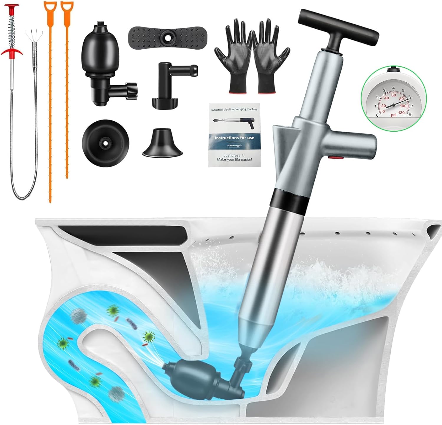 Jojnawa high pressure toilet plunger with real-time barometer front view