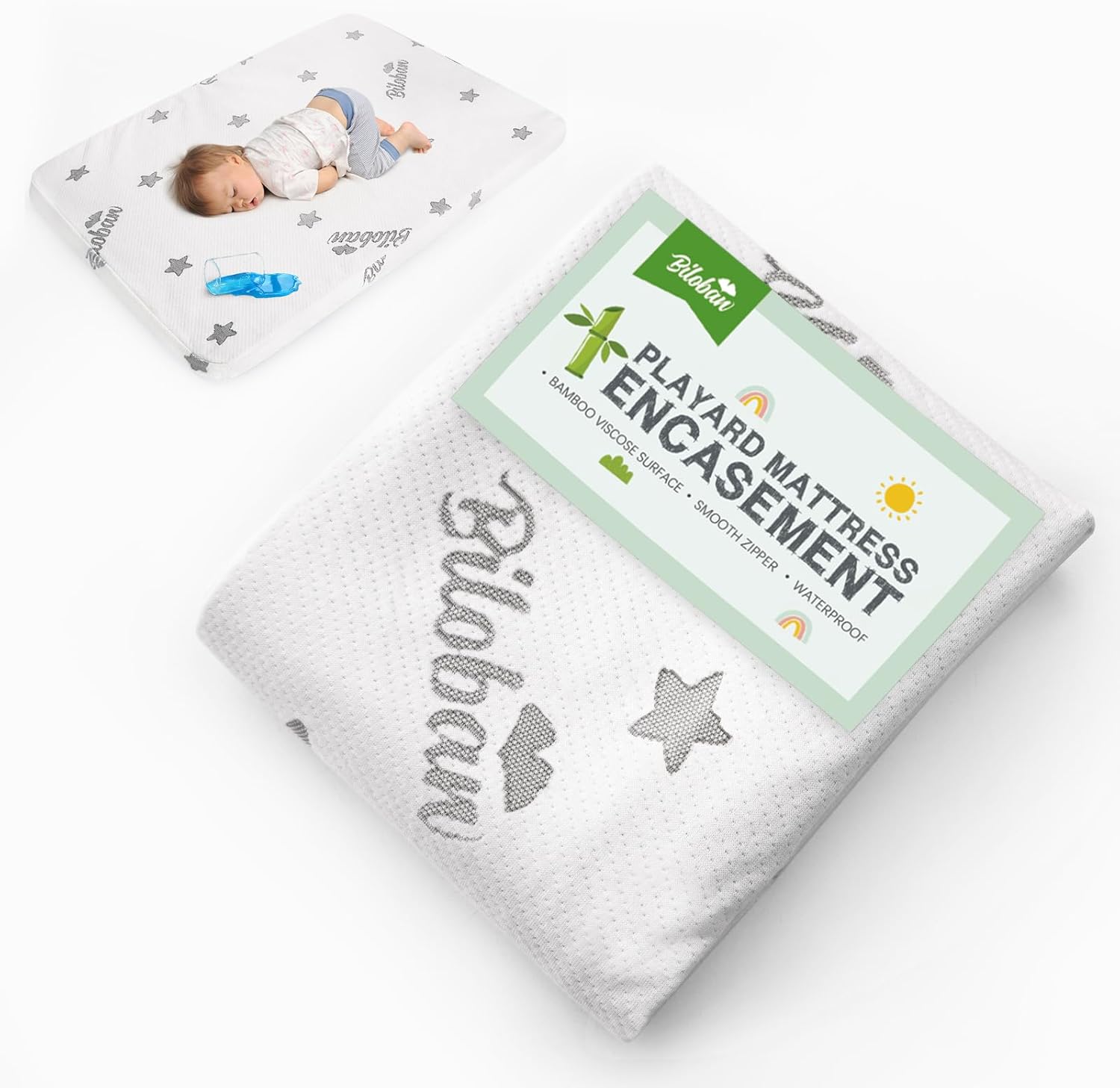 Biloban pack and play mattress protector cover front view showcasing zippered closure