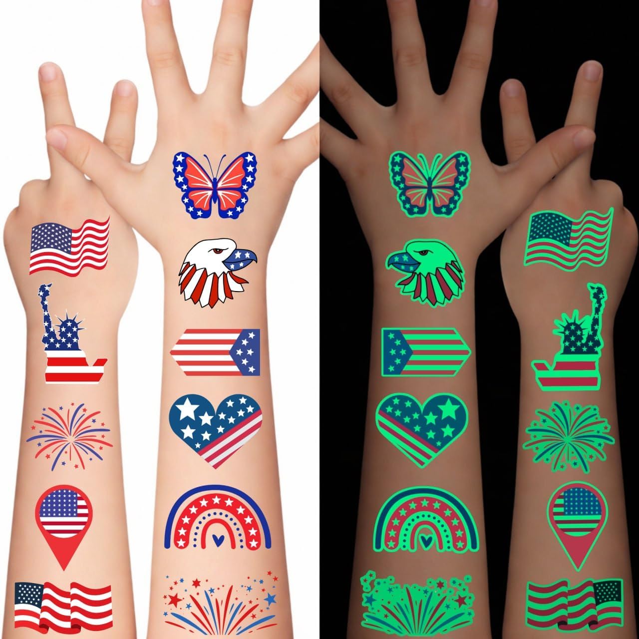 Epuxiael Fourth of July temporary tattoos front view showcasing luminous American flag designs.