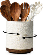 Kitchen Utensil Holder, 360 degrees Rotating Extra Large Ceramic Utensil Holder with Embossed Pattern, 7.3" Cooking Utensil Crocks for Kitchen Countertop, Home Decor, Off-White - Image 10