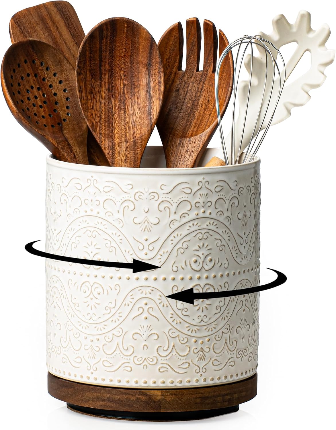 Kitchen Utensil Holder, 360 degrees Rotating Extra Large Ceramic Utensil Holder with Embossed Pattern, 7.3" Cooking Utensil Crocks for Kitchen Countertop, Home Decor, Off-White - Image 10
