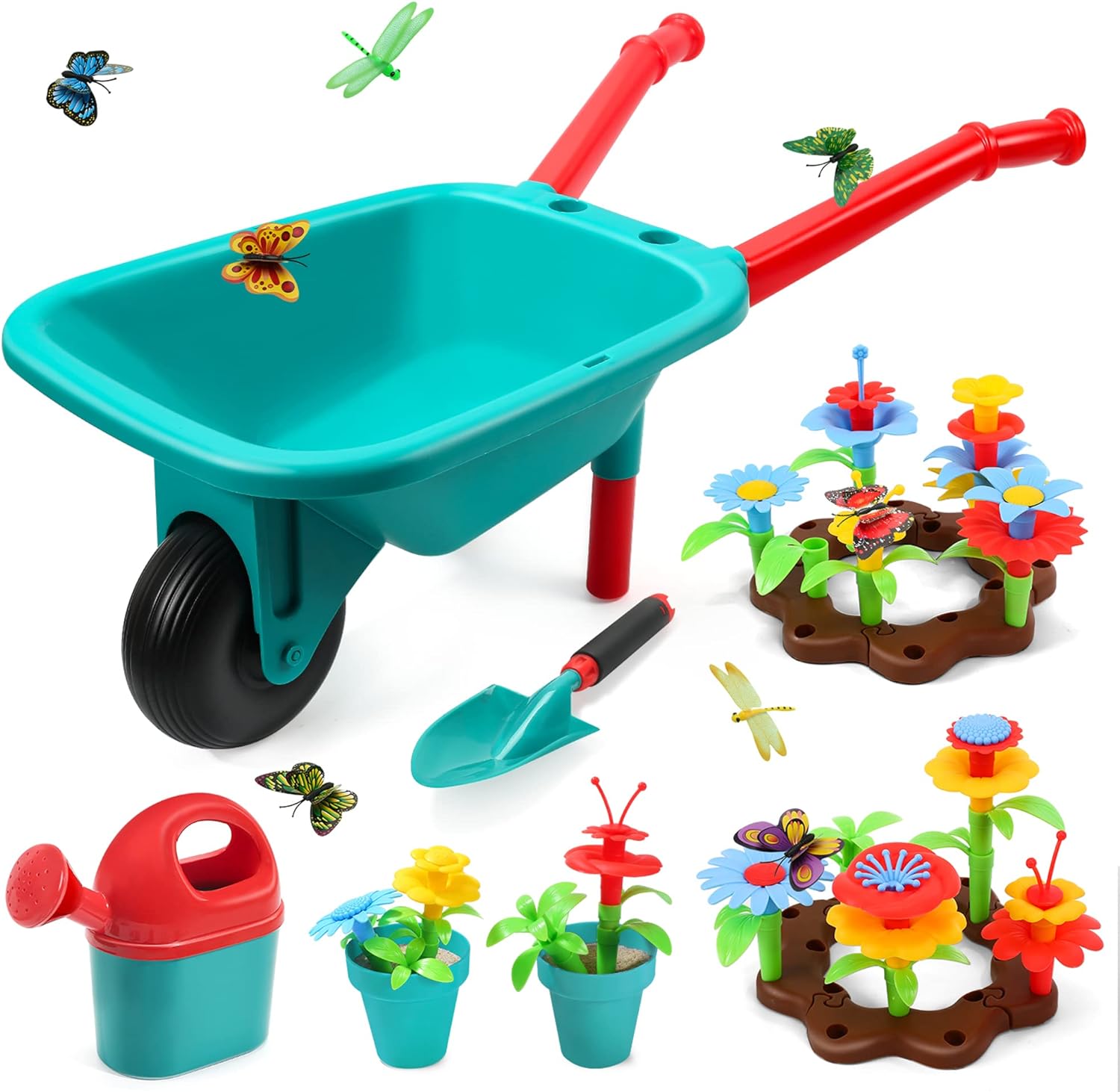 Cute Stone Kids Gardening Tool Set front view showcasing the teal wheelbarrow filled with colorful toy flowers and shovel.