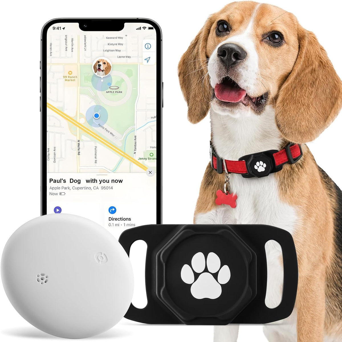Ztobny smart pet tracker collar front view showing black silicone protective holder