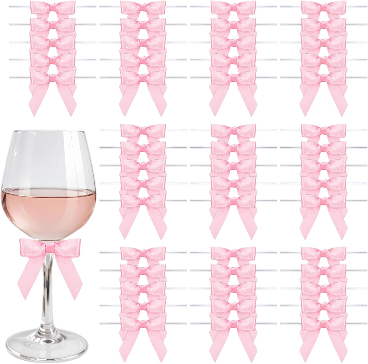 Woric premade pink satin ribbon twist tie bows front view for gift wrapping supplies