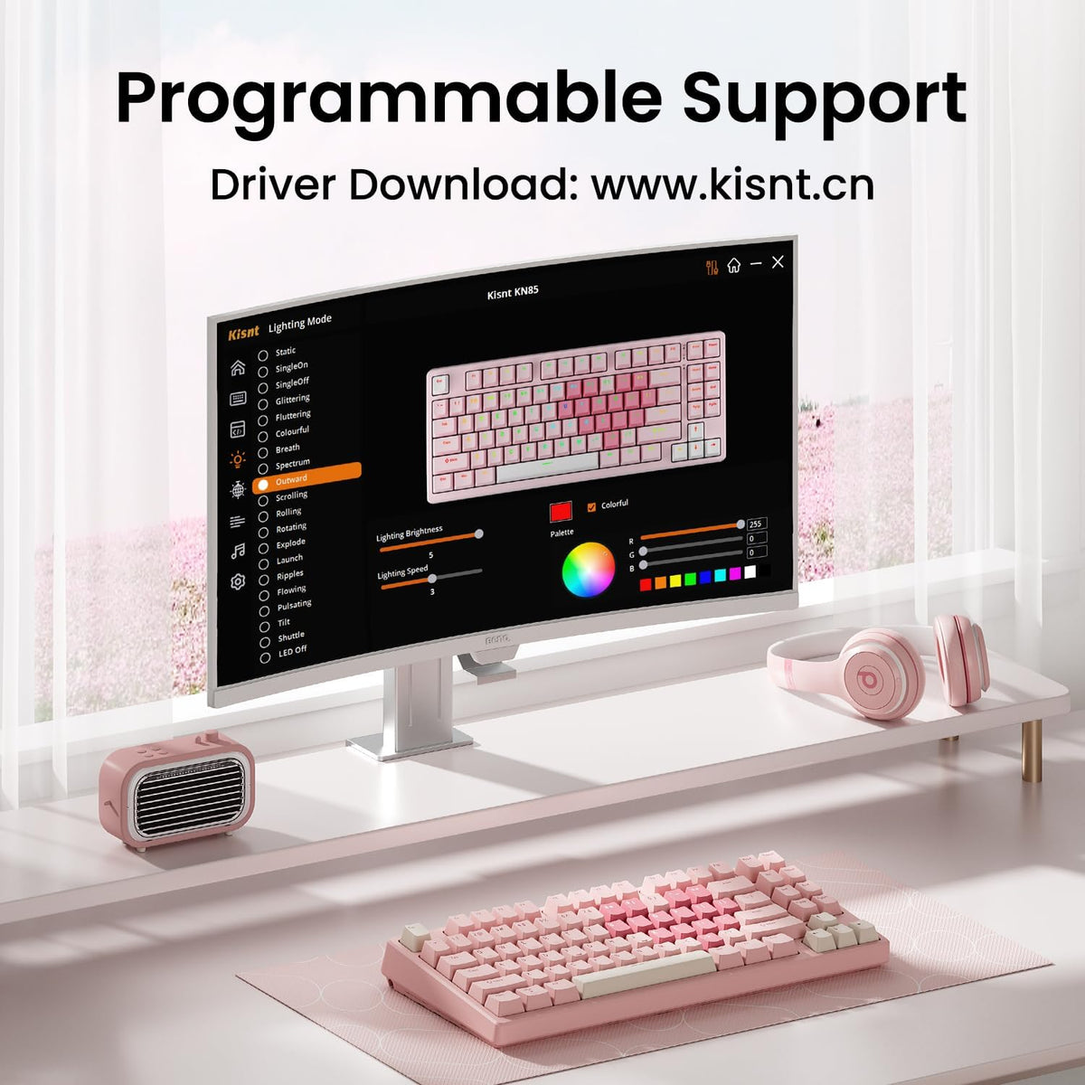 Kisnt KN85 pink gaming keyboard packaging and accessories