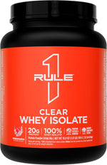 Rule 1 proteins whey isolate container side shot highlighting brand logo
