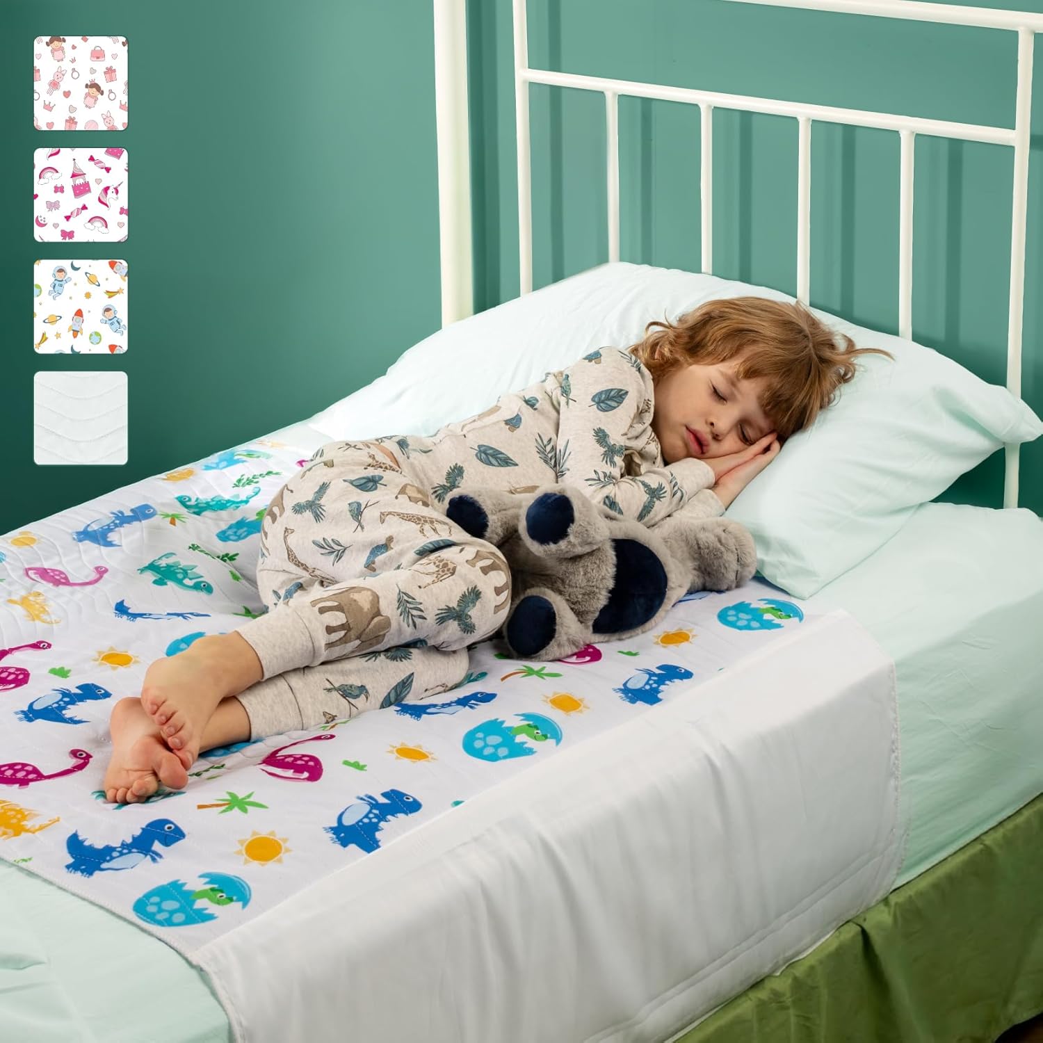 IMPROVIA kids bed wetting pad front view showcasing the waterproof toddler mattress protector with dinosaur design.