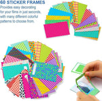 Creative layout of decorated two by three inch instant photos using border stickers.