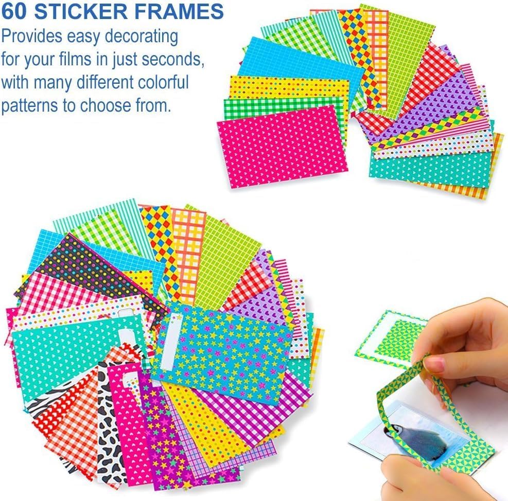 Creative layout of decorated two by three inch instant photos using border stickers.