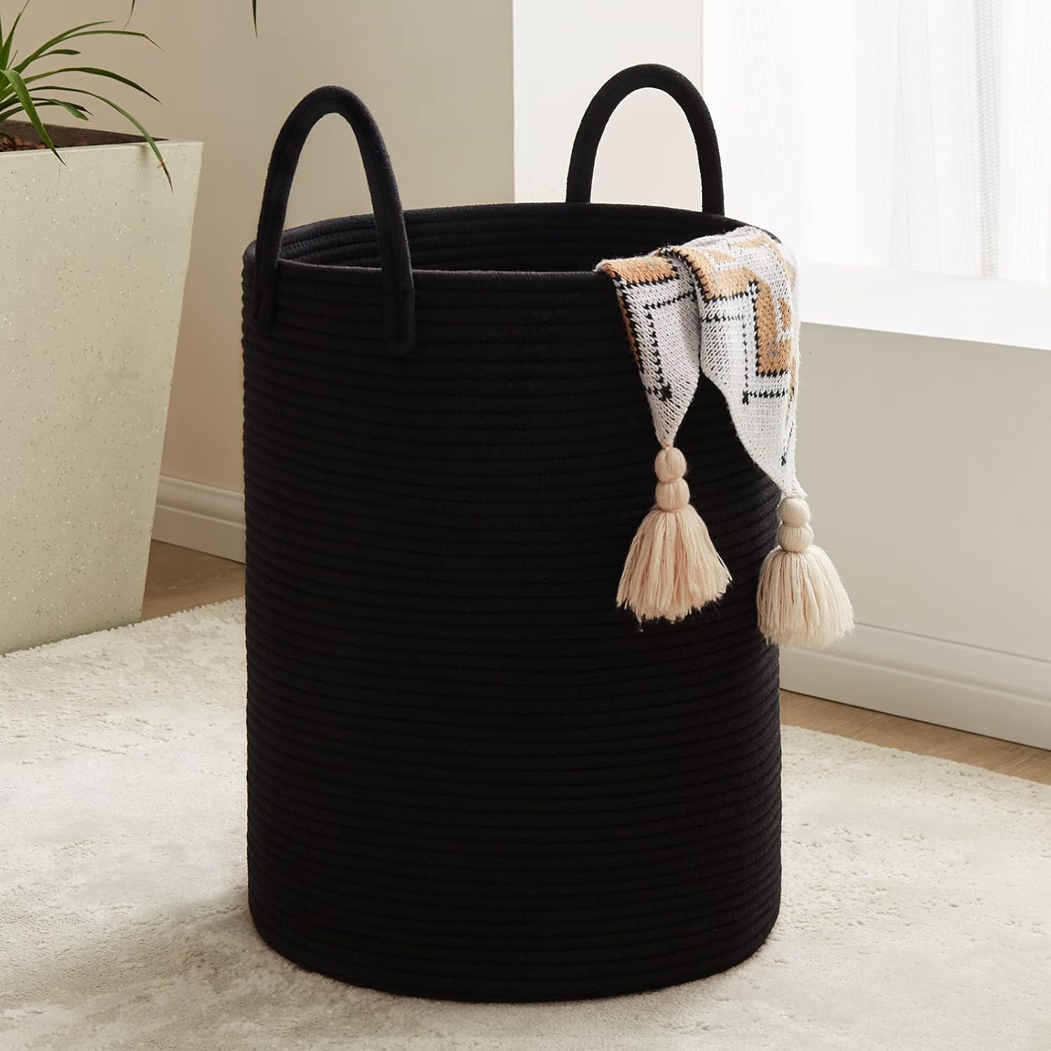 Fiona's Magic black woven rope laundry basket front view