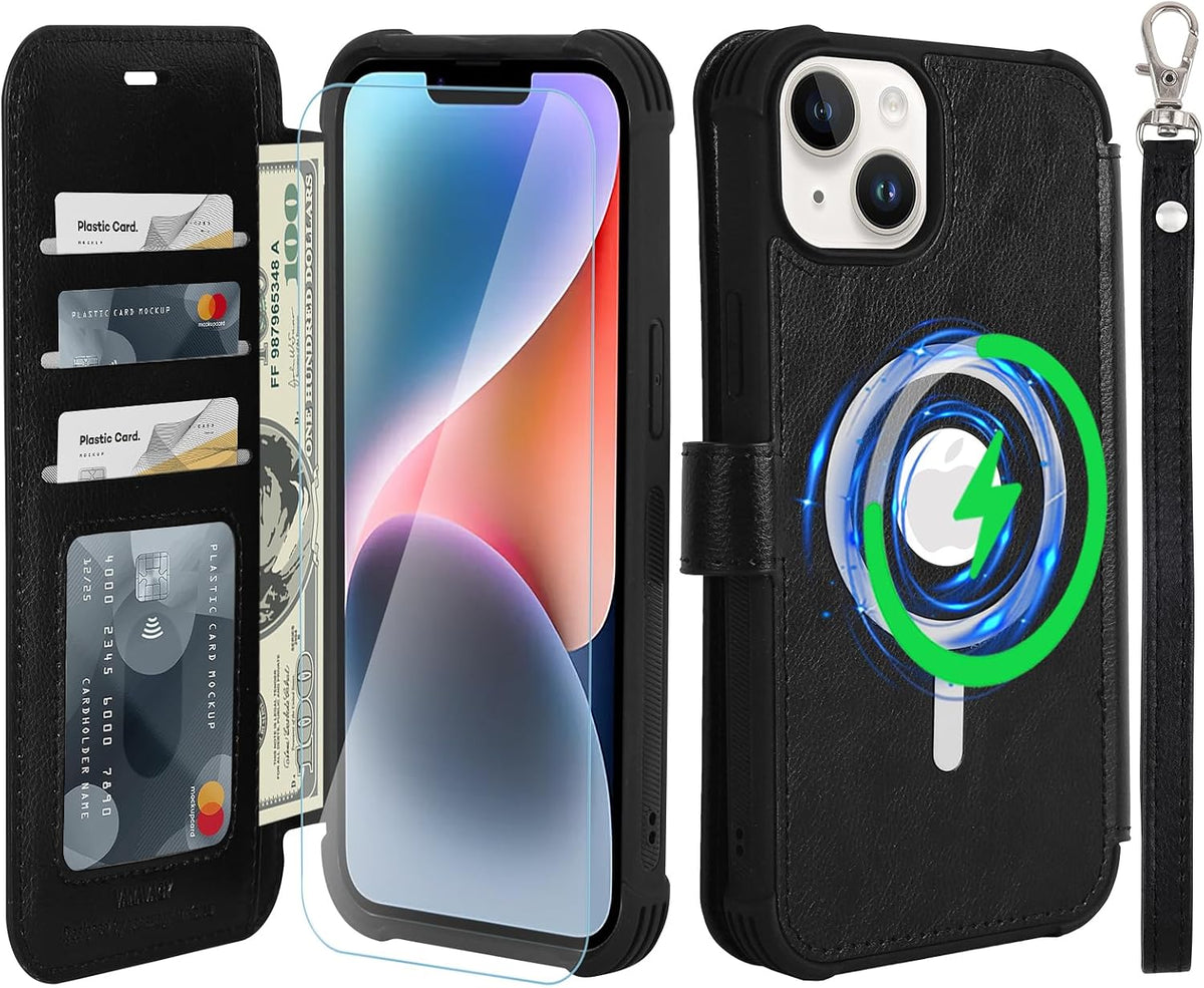 VANAVAGY Wallet Case for iPhone 14 Pro for Magsafe, Blue | 12ft Drop-proof Flip Cover for Wireless Charging, PU Leather, RFID Blocking Card Holder, Wrist Strap, Screen Protector - Image 12