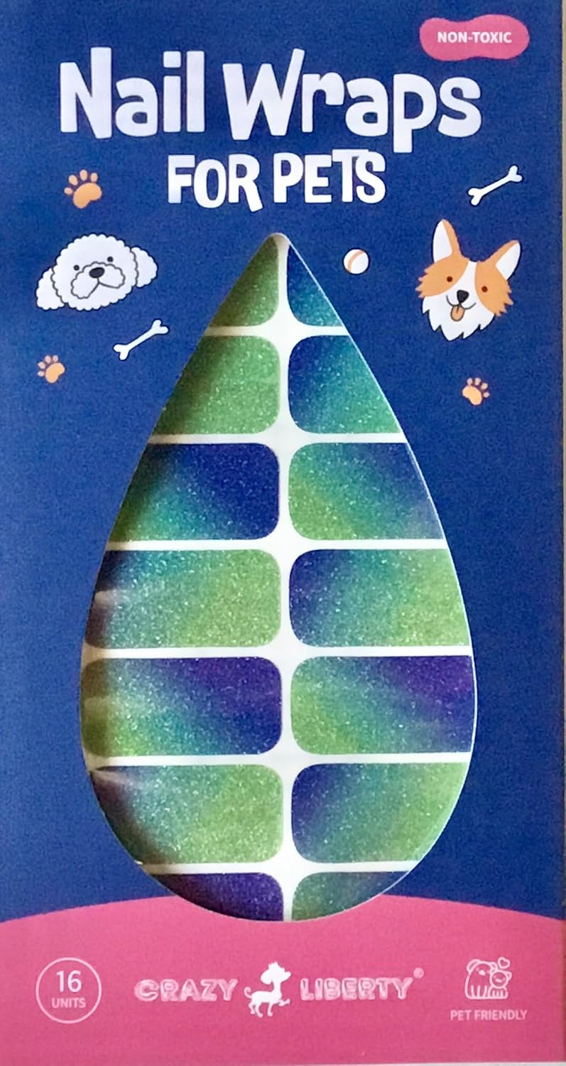 Close-up of holographic blue-green glitter pet nail stickers sheet showing sparkle details