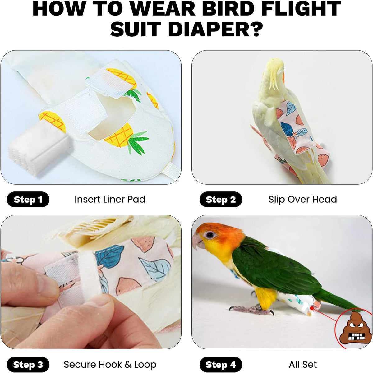 The complete set of colorful fruit pattern bird diapers including lemon and watermelon styles.